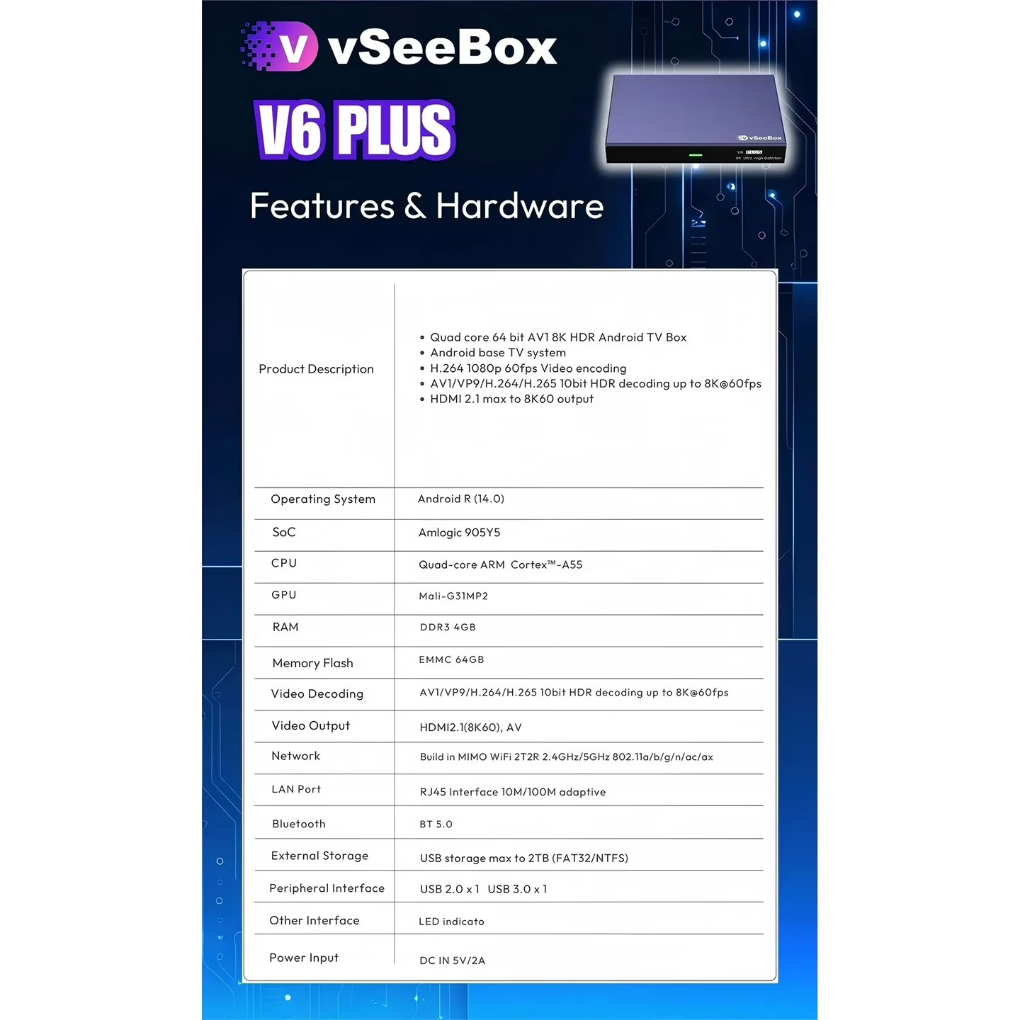 2026 New Vsee V6 Plus Smart TV Box 4GB RAM, 64GB Storage Gift Bundle Supports HD Playback