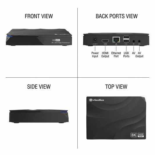 Vseebox V6 Max Version Voice Control, 8K HDMI, Android 14, 4GB RAM, 64GB Storage