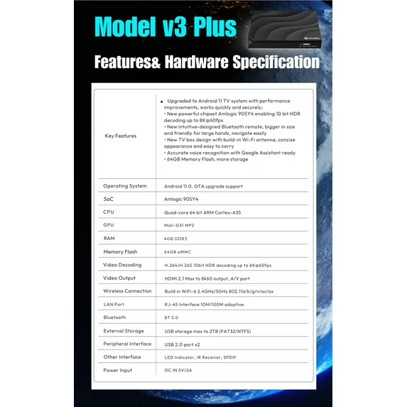 Vseebox V3 Plus Voice Controll | Android 11 | 4GB RAM | 64GB Storage | Dedicated N. American Support